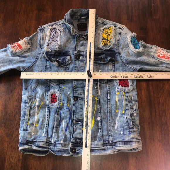 Distressed Patched Painted Acid Wash Stretch Denim Jacket Mens Small Blue Seven - Picture 3 of 4